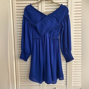Off the shoulder long sleeve blue dress